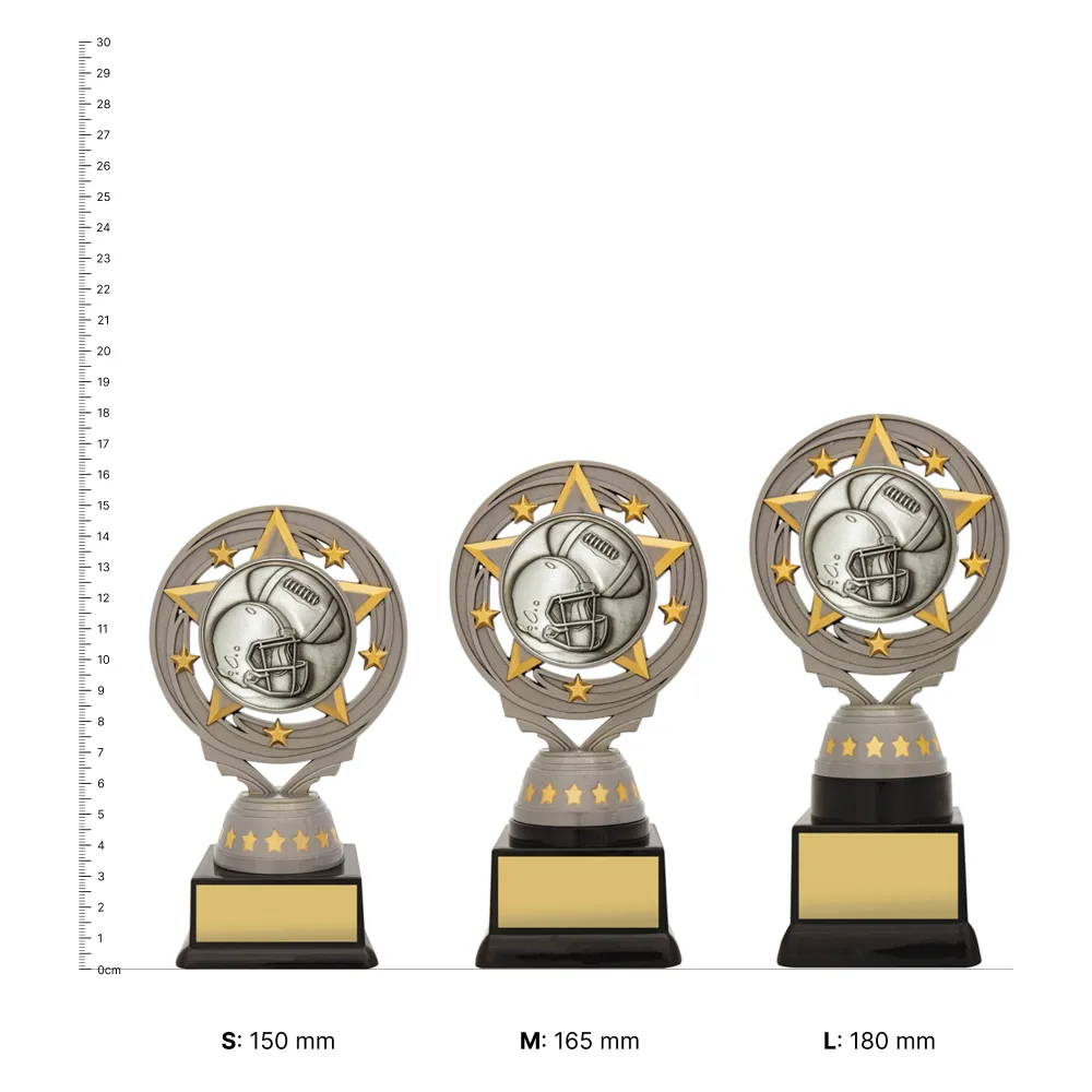 American Football Silver Torch trophies next to ruler