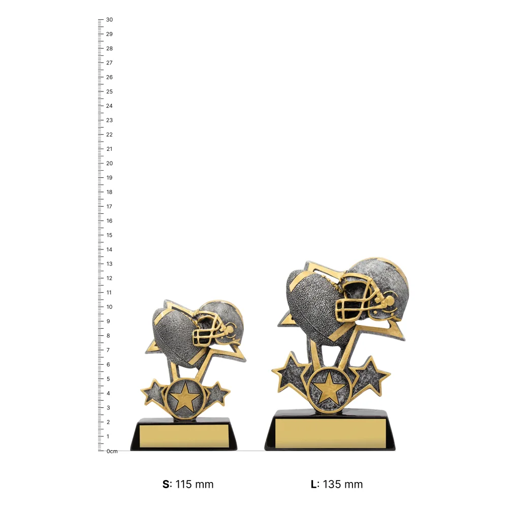 American Football Tri-Star trophies next to ruler American Football Tri-Star trophies next to ruler