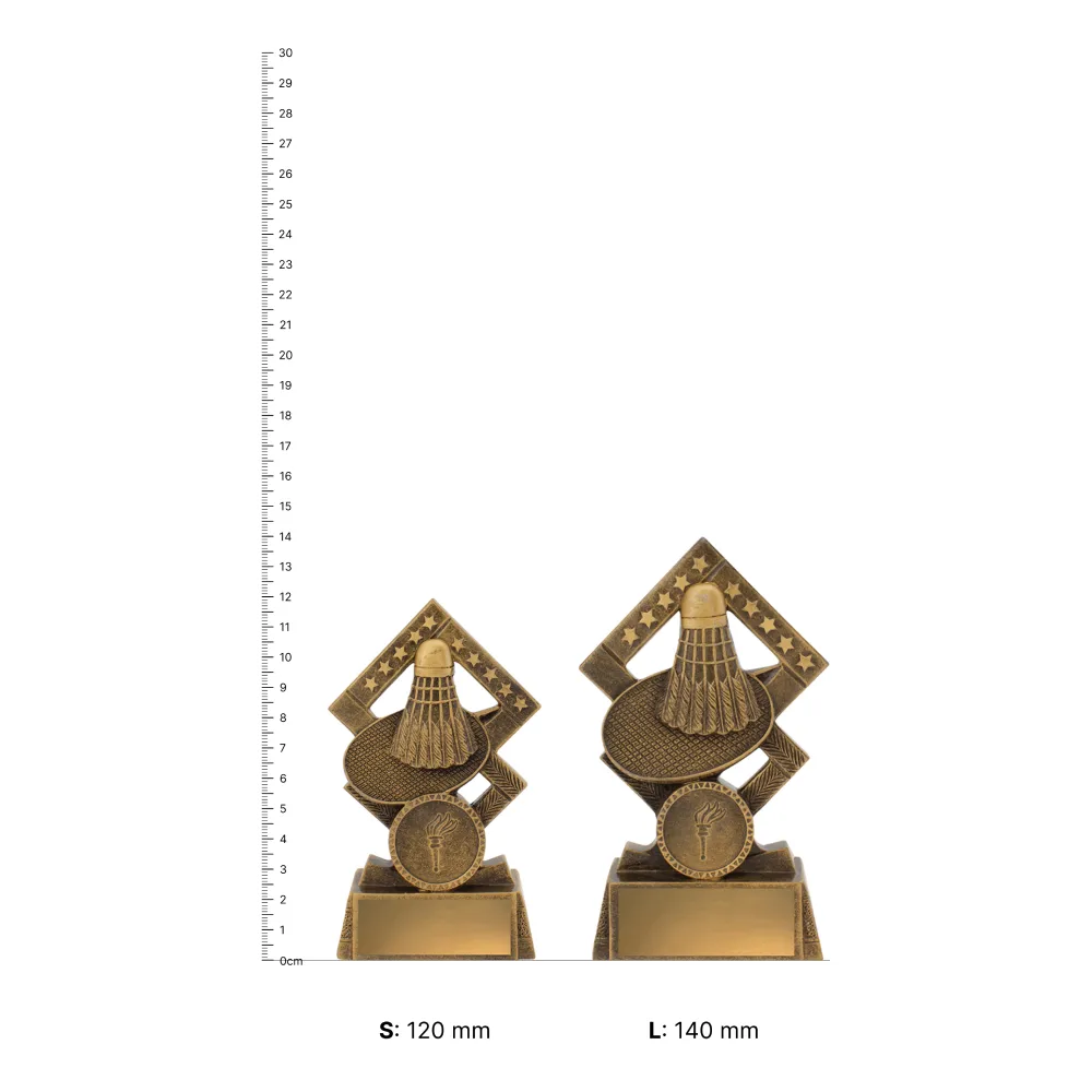 Badminton Double Diamond Badminton Double Diamond trophies next to ruler