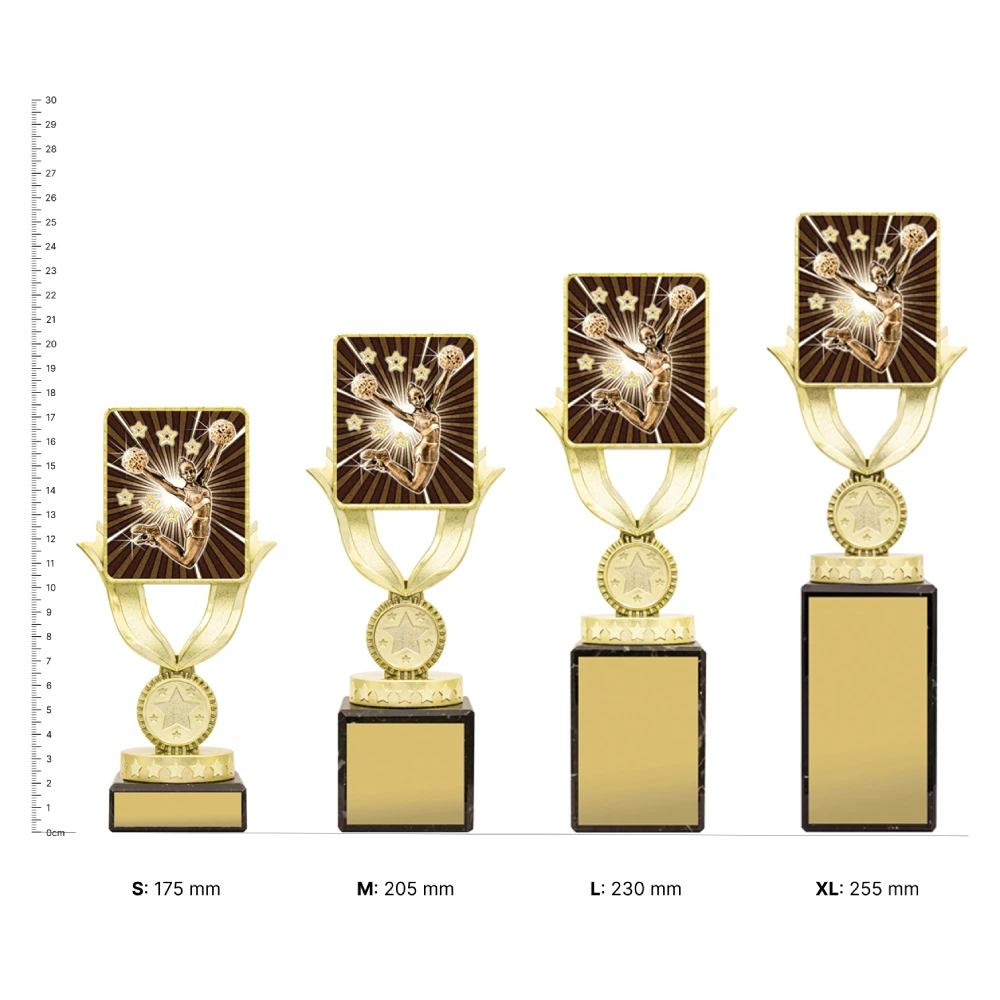 Cheerleading Lynx Sentry trophies next to ruler Cheerleading Lynx Sentry trophies next to ruler