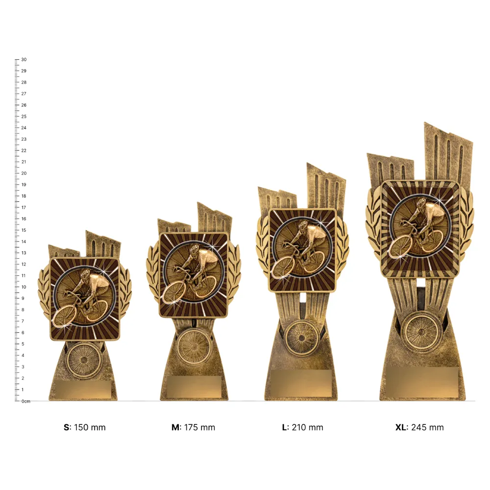 Cycling Antique Gold Lynx trophies next to ruler
