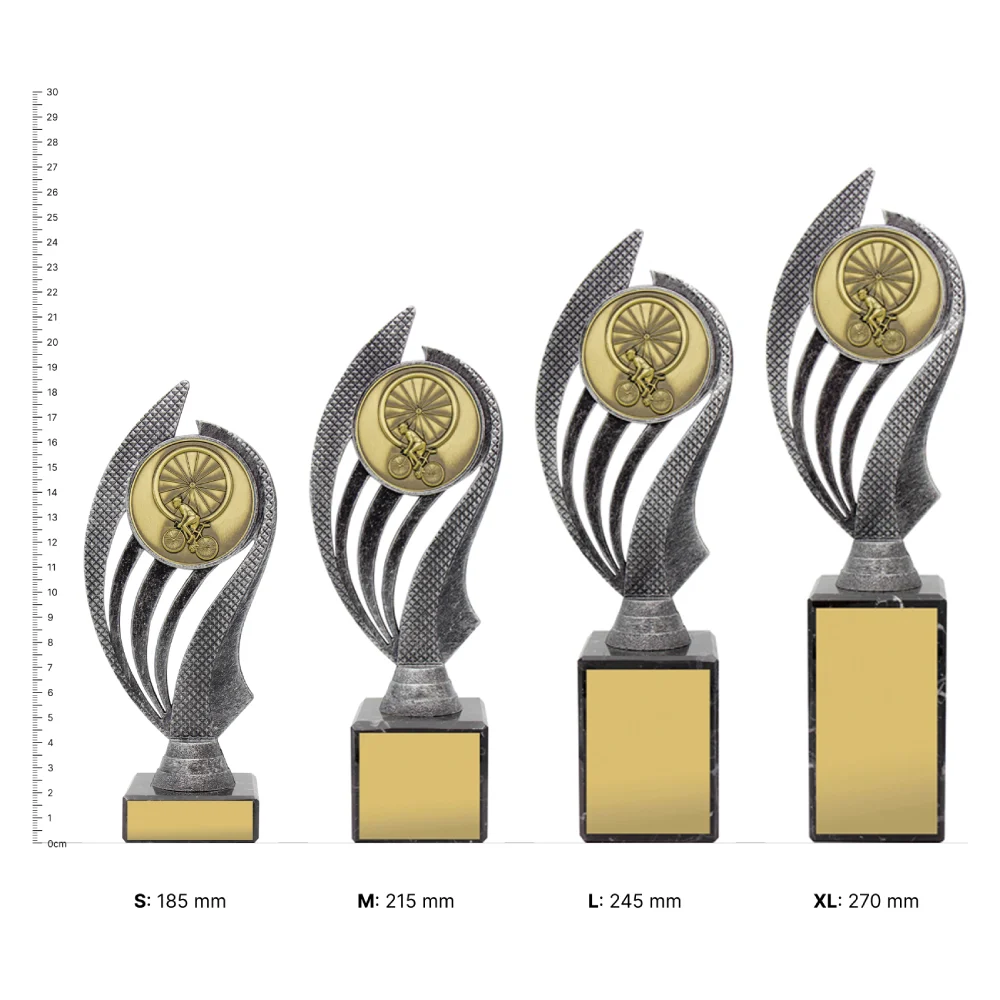 Cycling Husky Cycling Husky trophies next to ruler