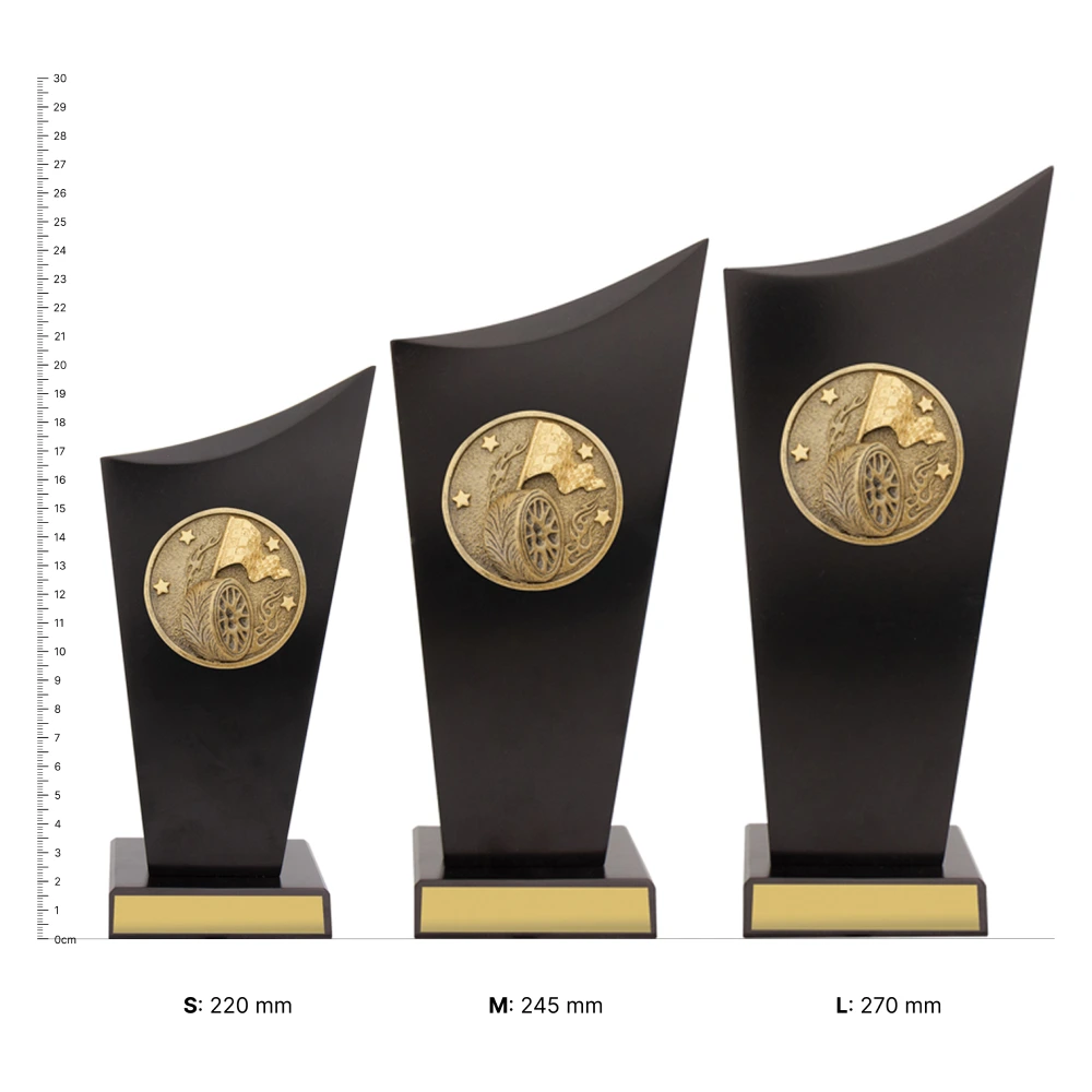 Motorsport Spartan Crest trophies next to ruler
