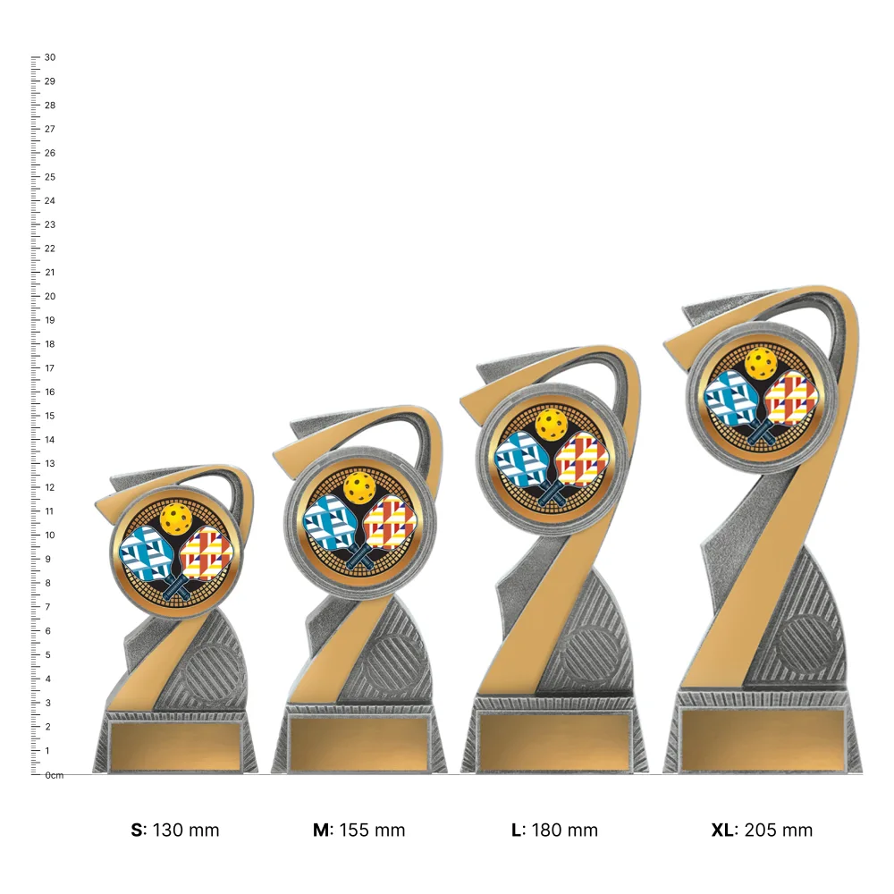 Pickleball Arclight trophies next to ruler