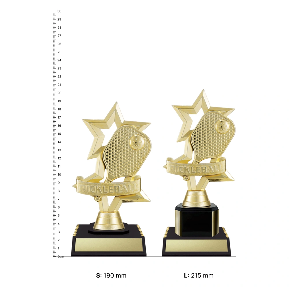 Pickleball Gold trophies next to ruler