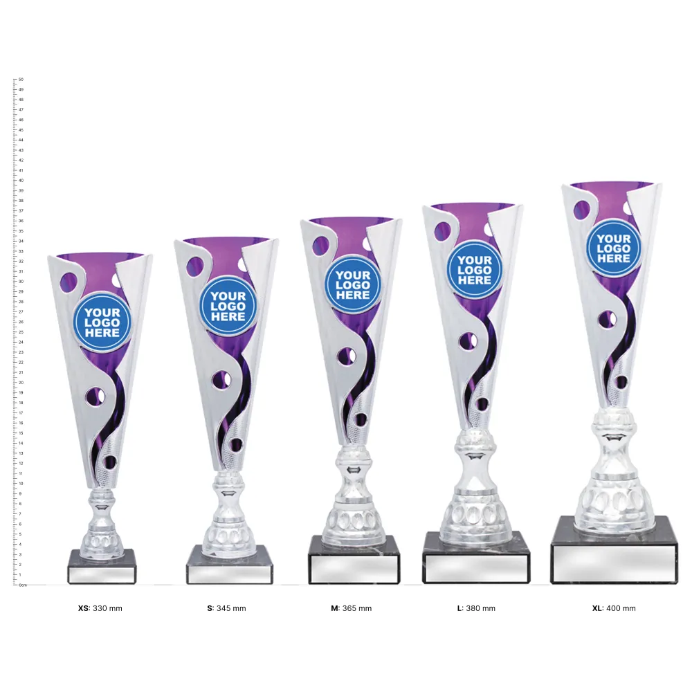 Purple Mega Carnival Purple Mega Carnival trophies next to ruler
