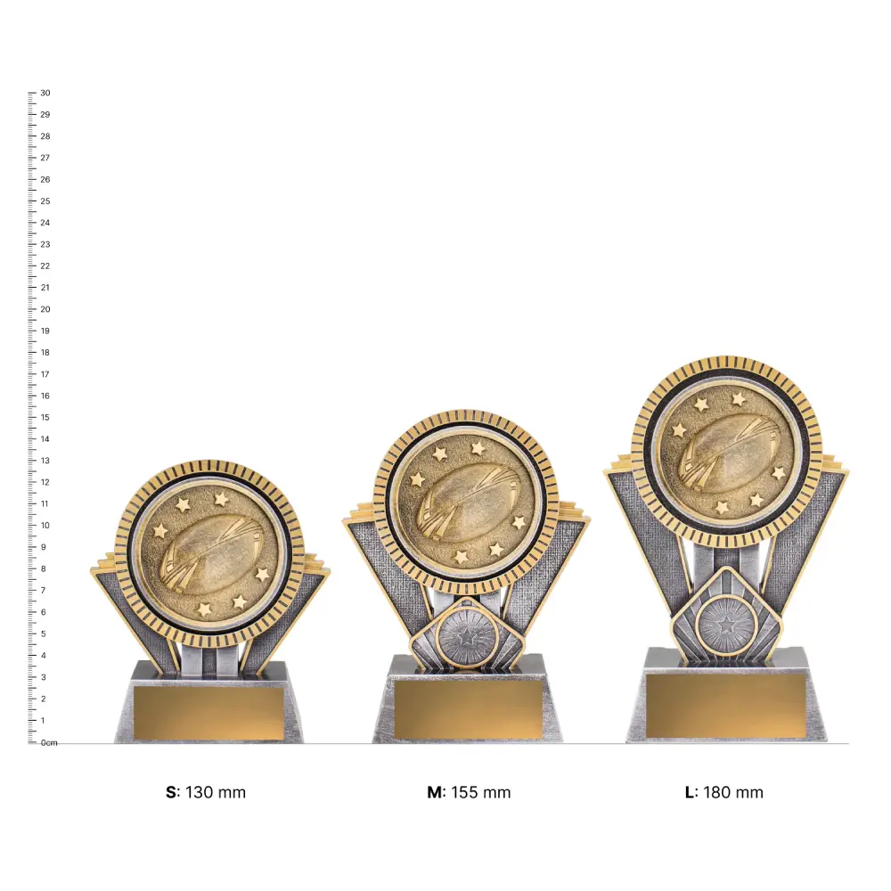 Rugby Spartan Series Rugby Spartan Series trophies next to ruler
