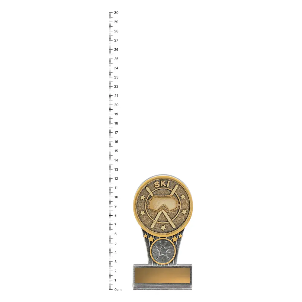 Ski Mini IKON trophy next to ruler