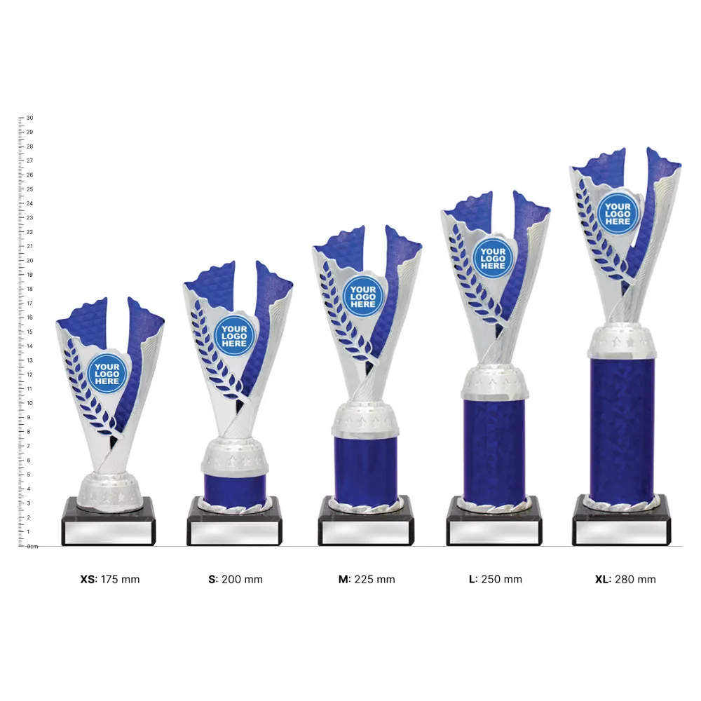 Spirit Cups Silver and Blue Spirit Cups Silver and Blue trophies next to ruler