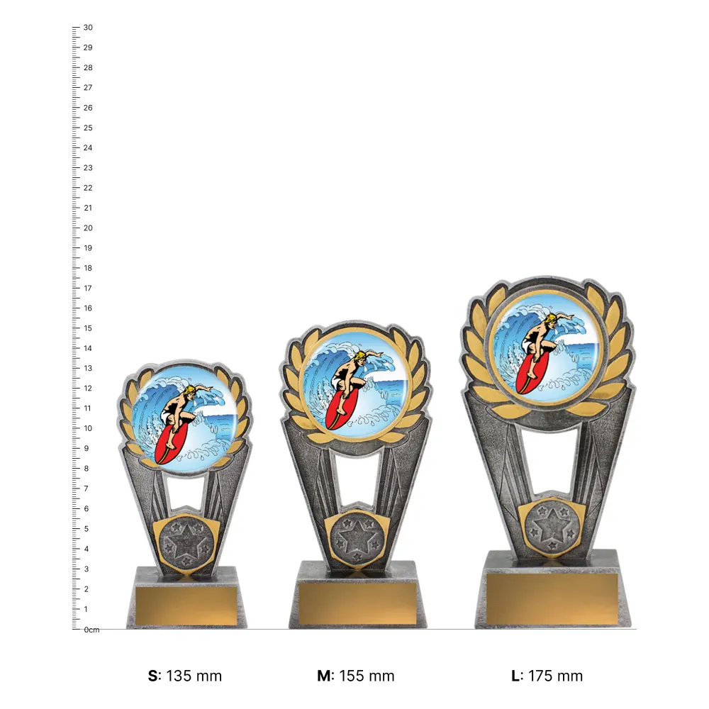 Surfing Polaris Colour trophies next to ruler Surfing Polaris Colour trophies next to ruler
