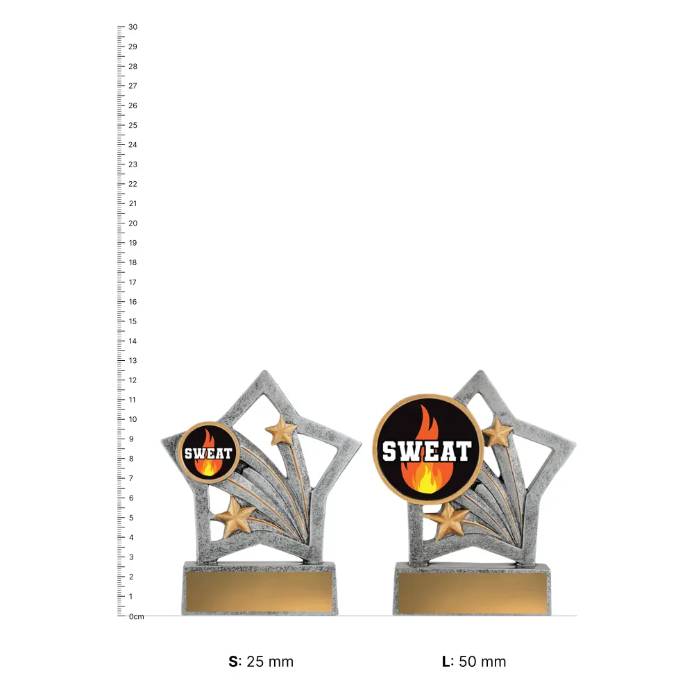 Sweat Training Flash trophies next to ruler