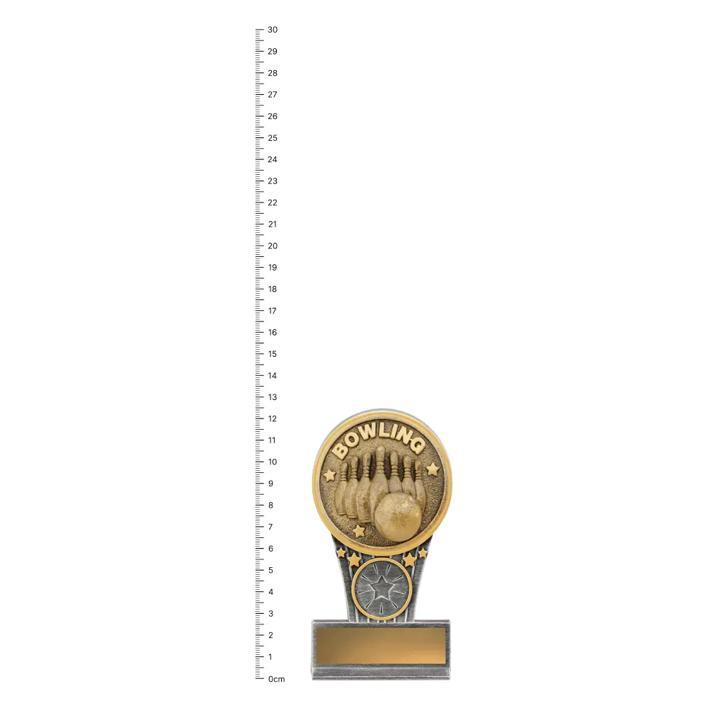 Tenpin Mini IKON trophy next to ruler