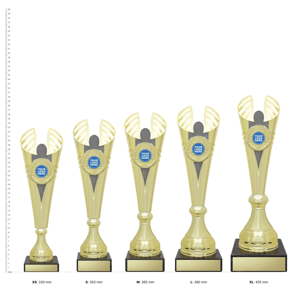 angel cup gold gold Angel Cup trophies next to ruler