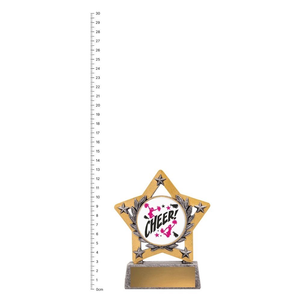 cheer Mini Star Colour trophy next to ruler cheer Mini Star Colour trophy next to ruler