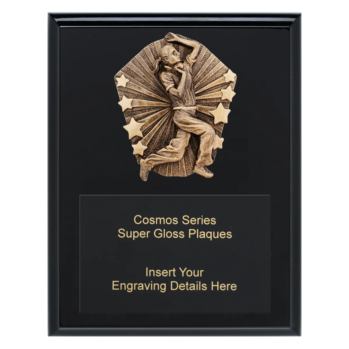 Black cosmos super plaque - female bowler with timber construction