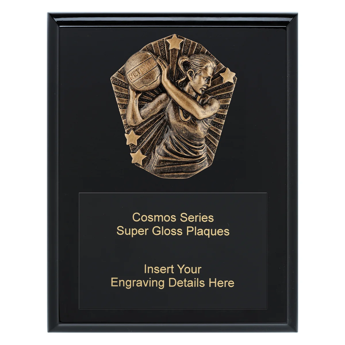crk791a-black Black cosmos super plaque - netball with timber construction
