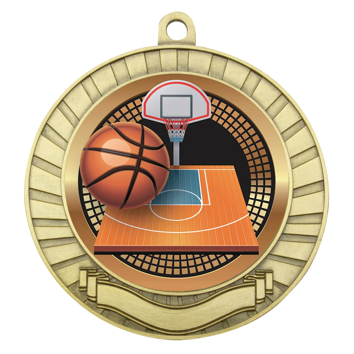 mes234g-gold Gold eco scroll - basketball with metal construction