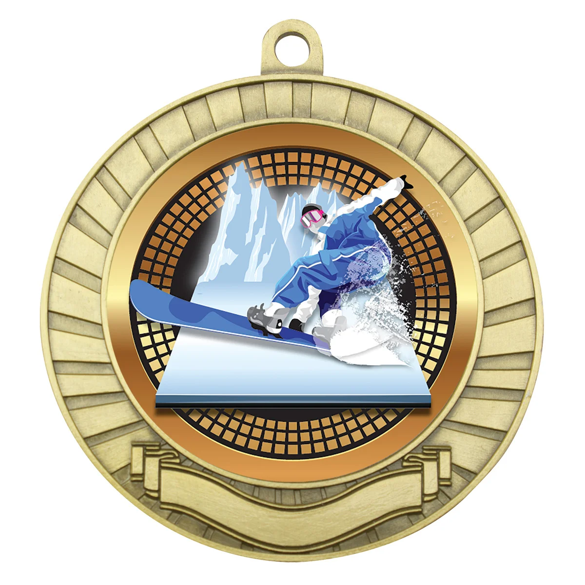 mes292g-gold Gold eco scroll - snowboarding with metal construction