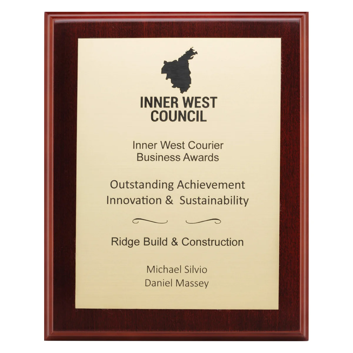 lp-eg-6-walnut Walnut engraved plaques - european gold with timber construction