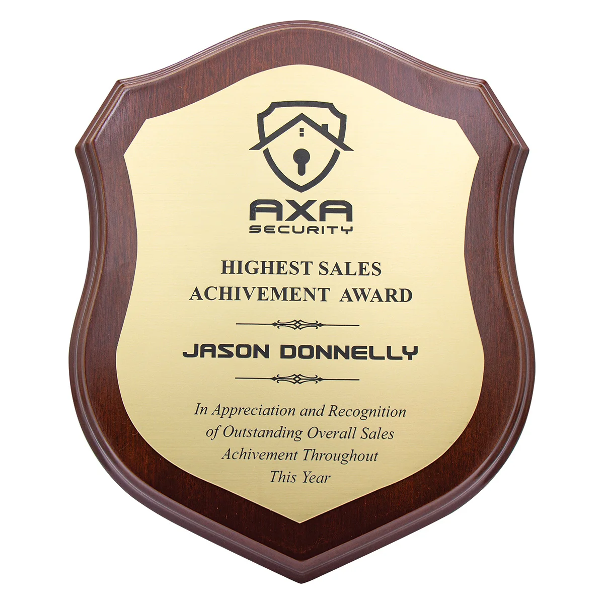 sh03-walnut Walnut engraved shield award with timber construction