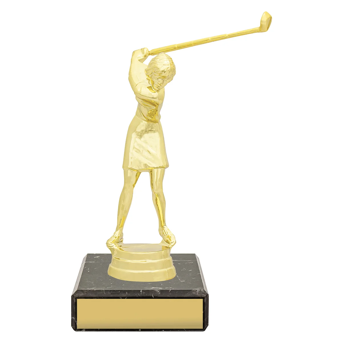 yb8314-gold Gold figure trophy - female golf with plastic / marble construction