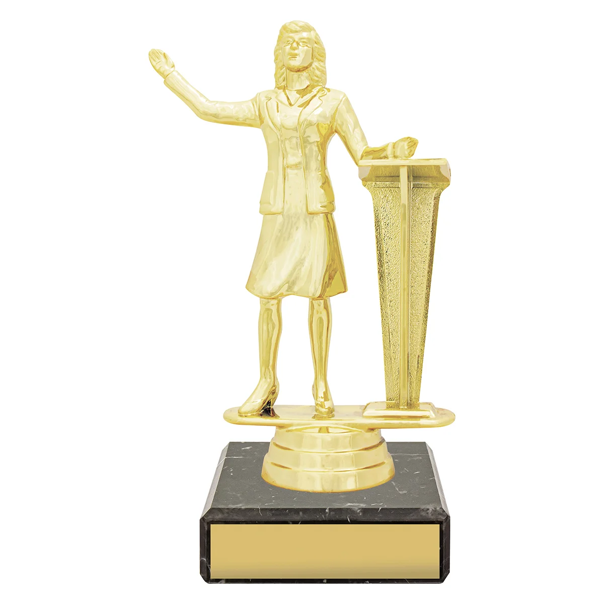 yb8072-gold Gold figure trophy - female public speaking with plastic / marble construction