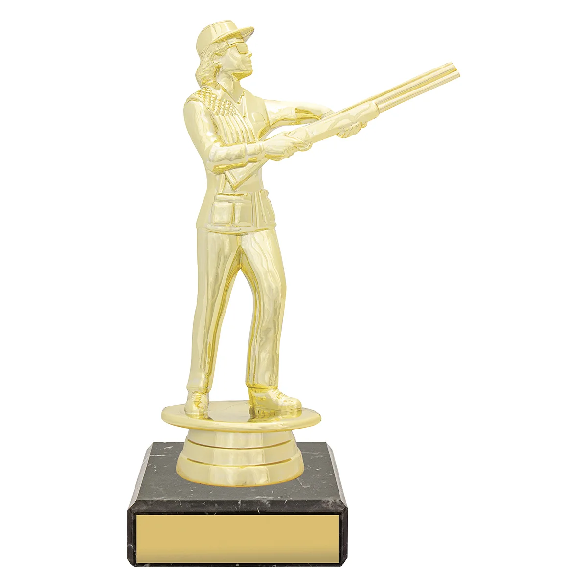 yb8665-gold Gold figure trophy - female skeet with plastic / marble construction