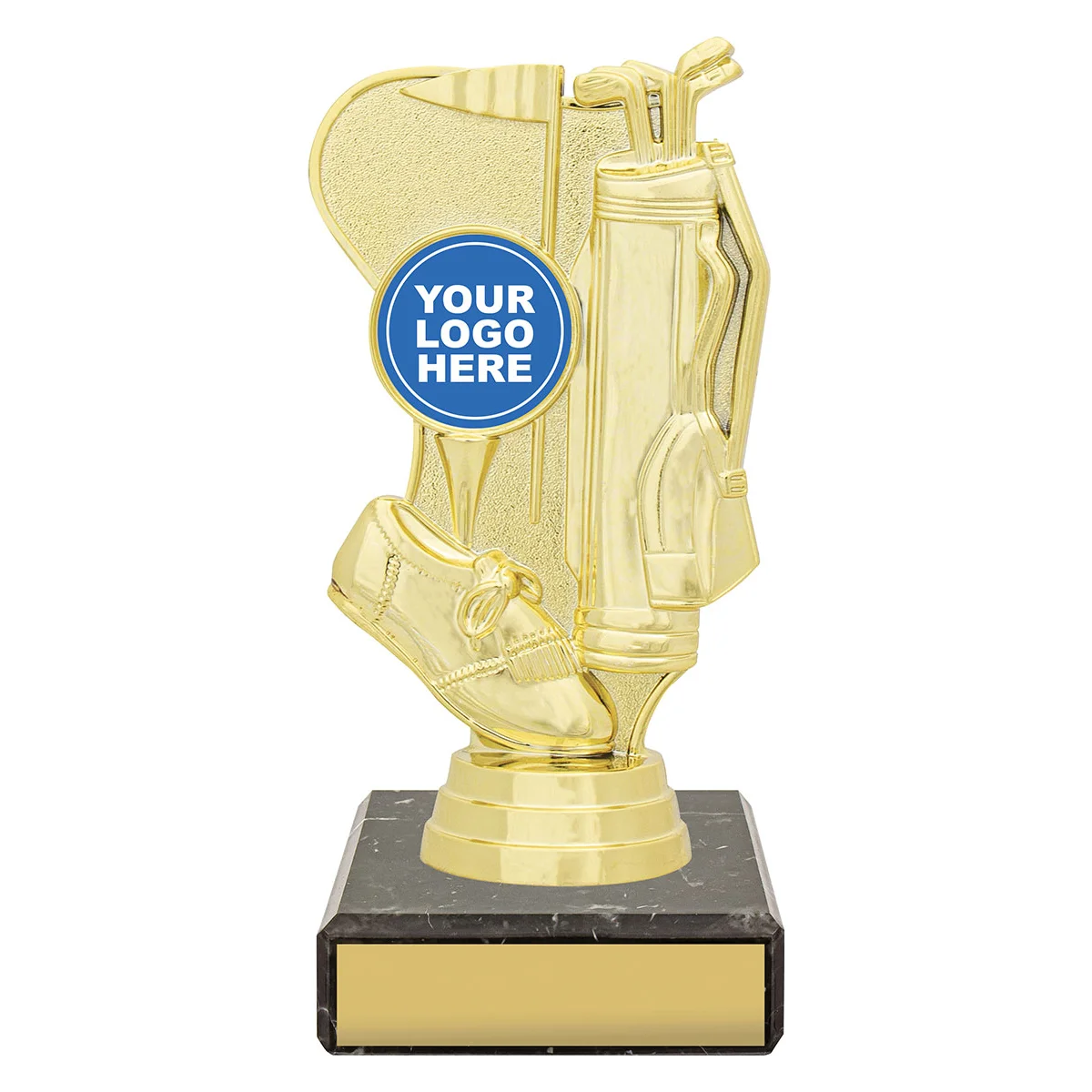 yb8843-gold Gold figure trophy - golf theme with plastic / marble construction