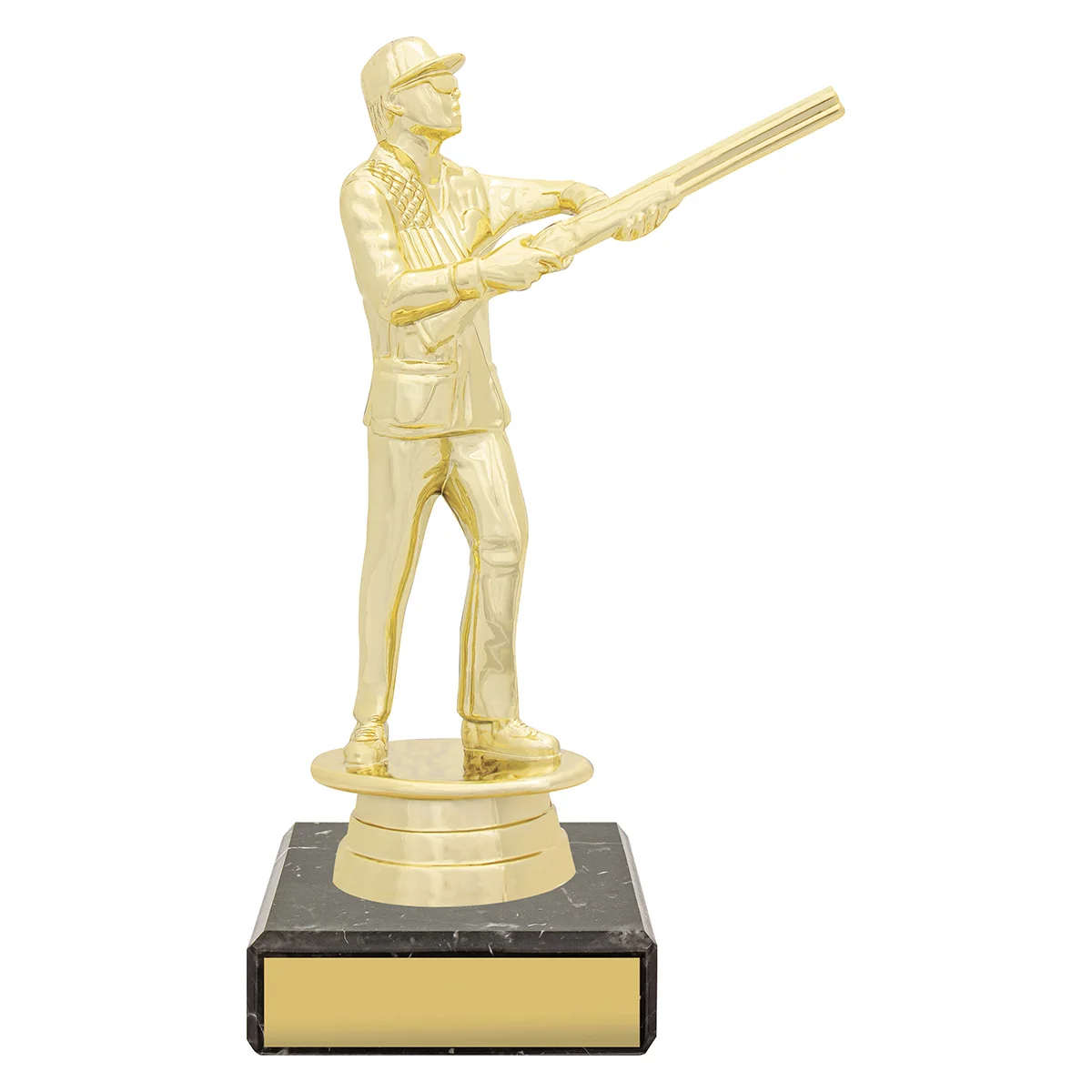 yb8664-gold Gold figure trophy - male skeet with plastic / marble construction