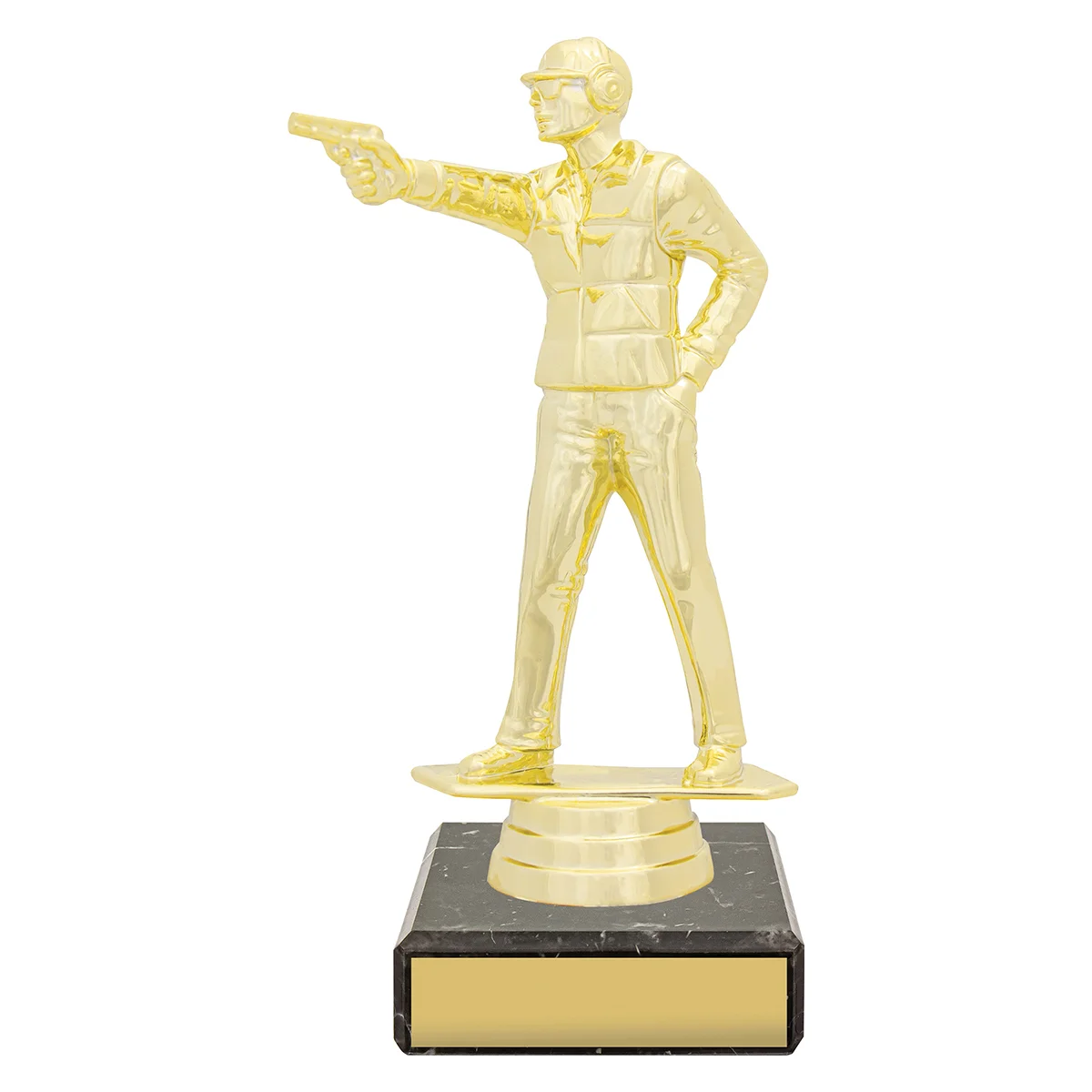 yb8067-gold Gold figure trophy - pistol with plastic / marble construction