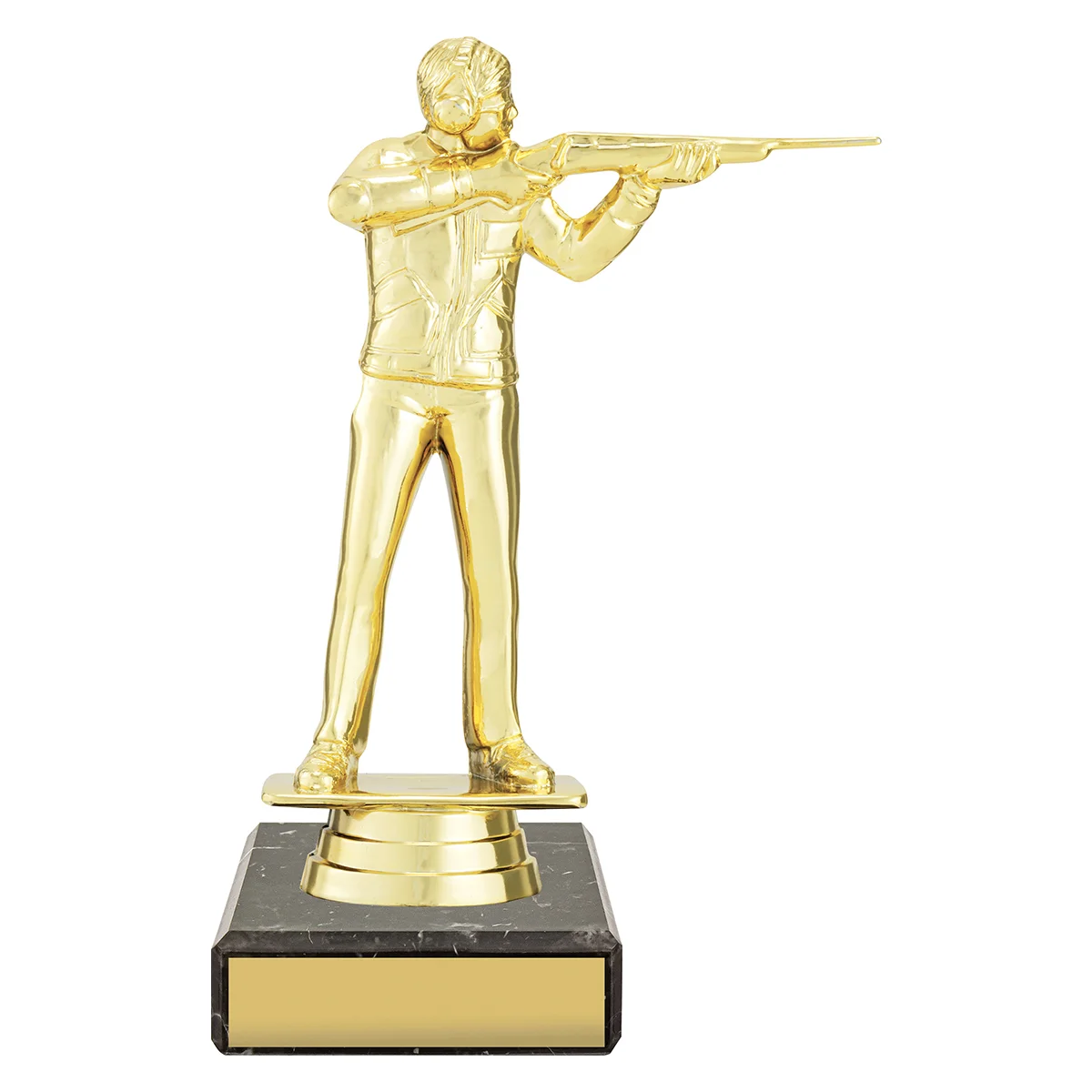 yb8074-gold Gold figure trophy - rifle with plastic / marble construction