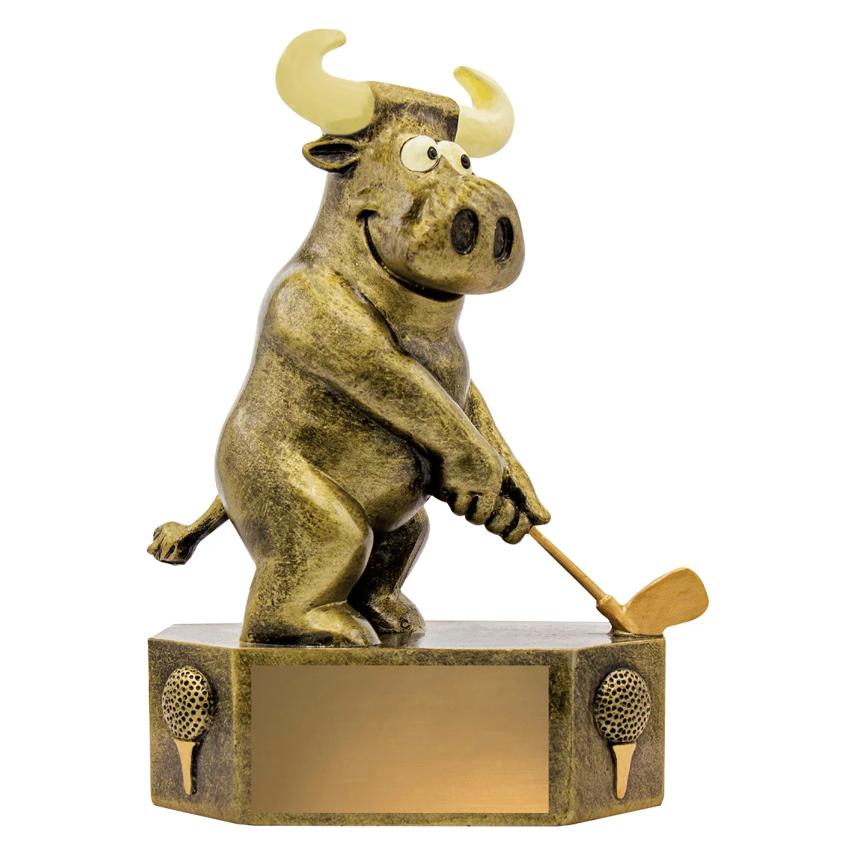 a1814-gold Gold golf prize bull with resin construction