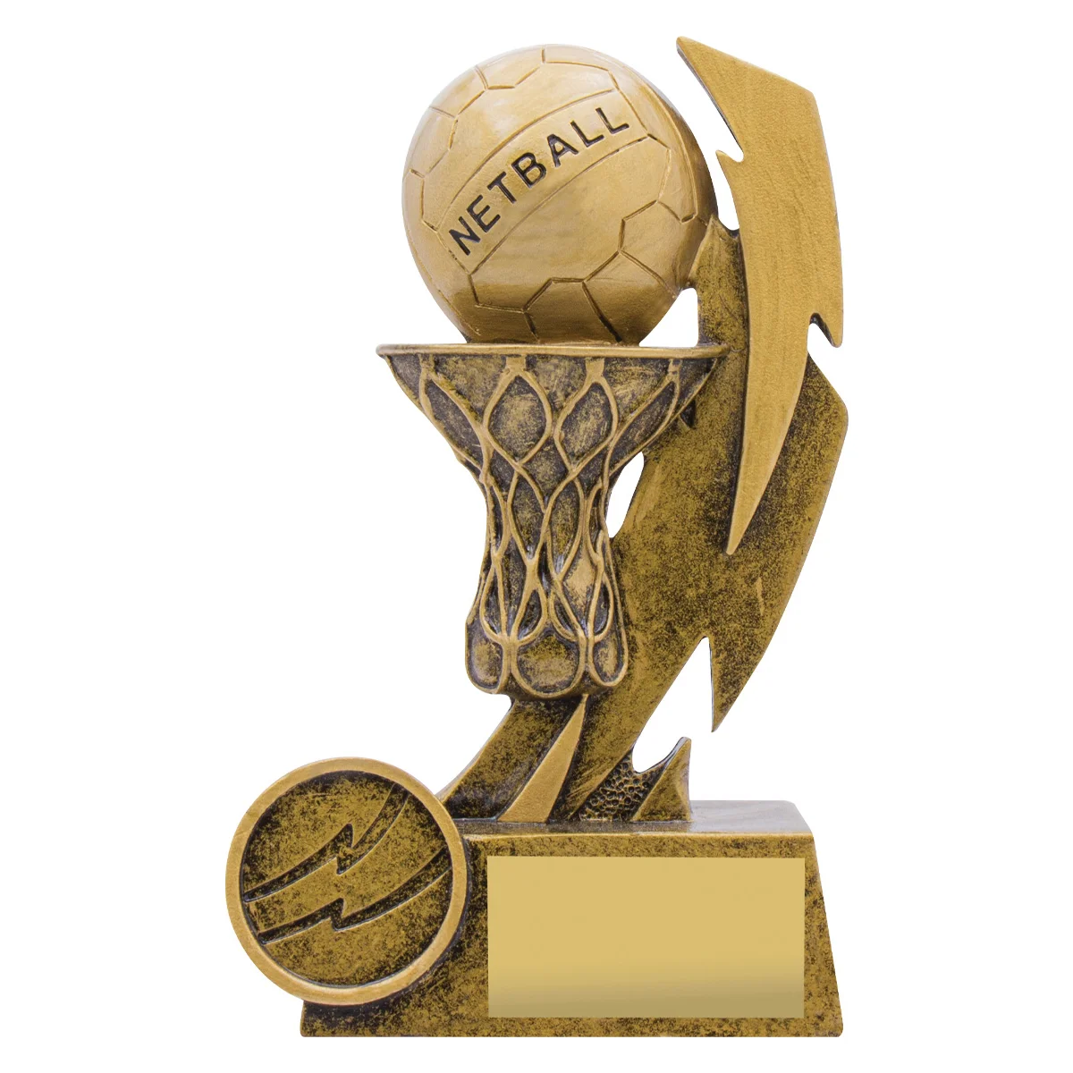 11637a-gold Gold netball shazam with resin construction