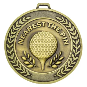 Gold prestige medal nearest the pin with metal construction