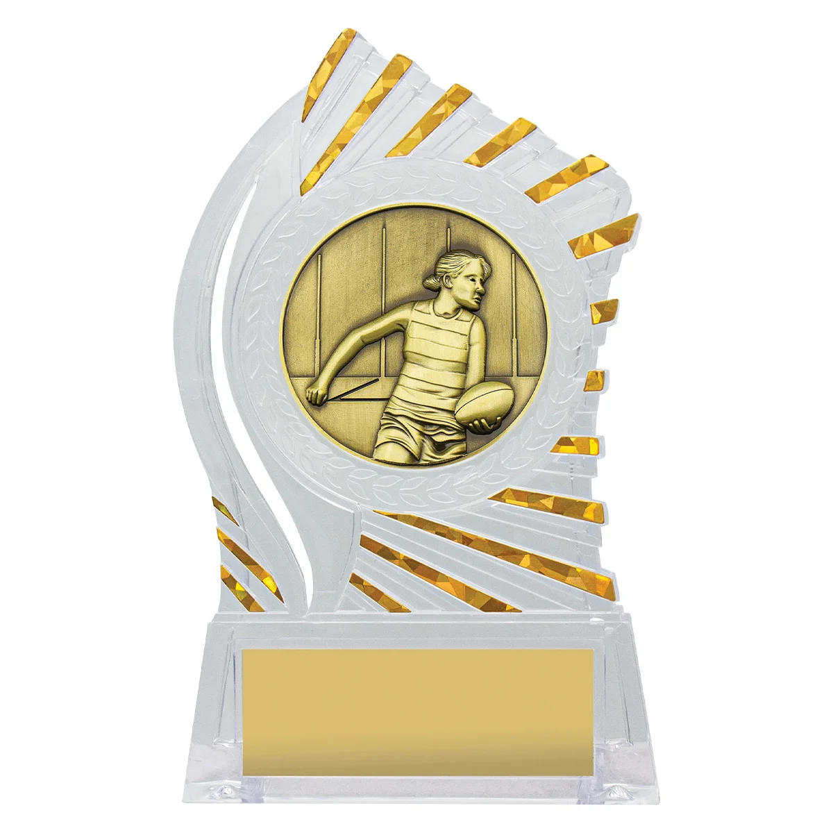 rh387-clear-with-gold Clear with gold solar female footy with acrylic construction