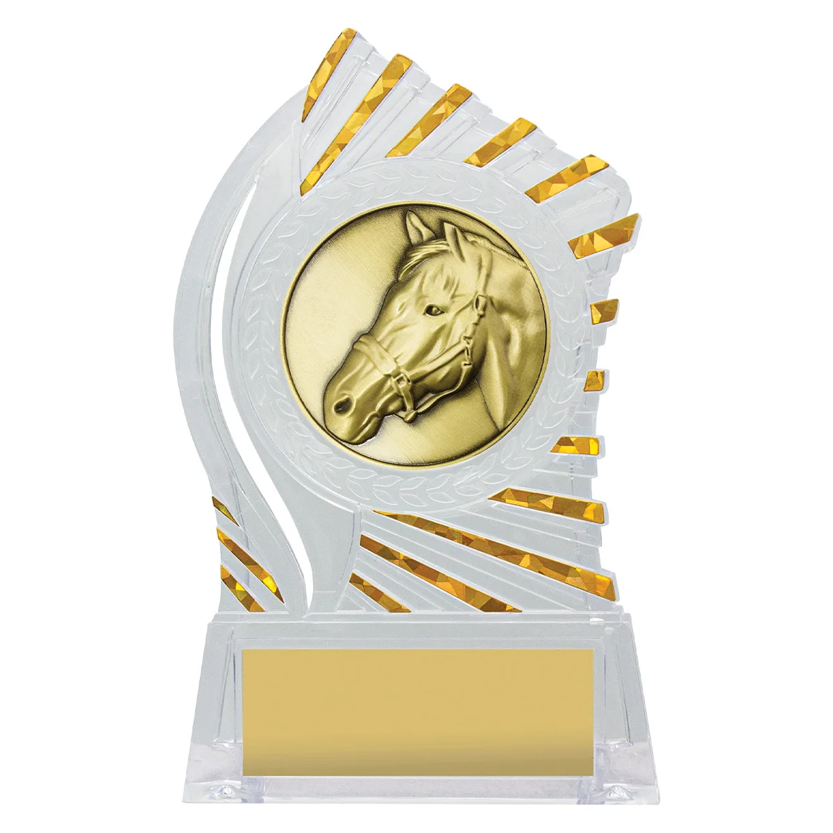 rh335-clear-with-gold Clear with gold solar horse with acrylic construction