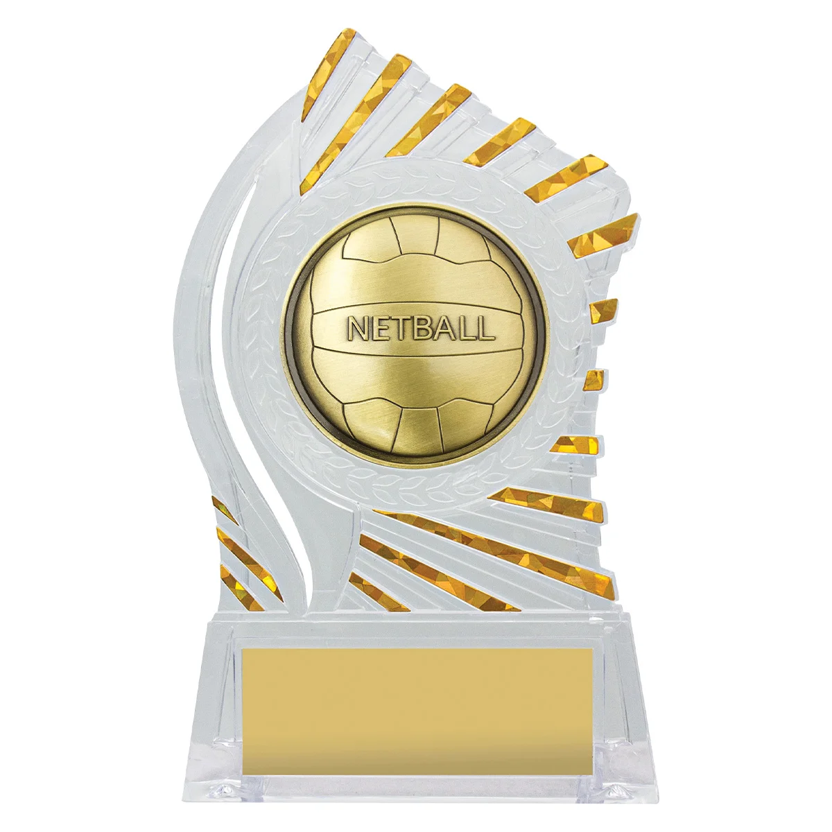 rh391-clear-with-gold Clear with gold solar netball with acrylic construction