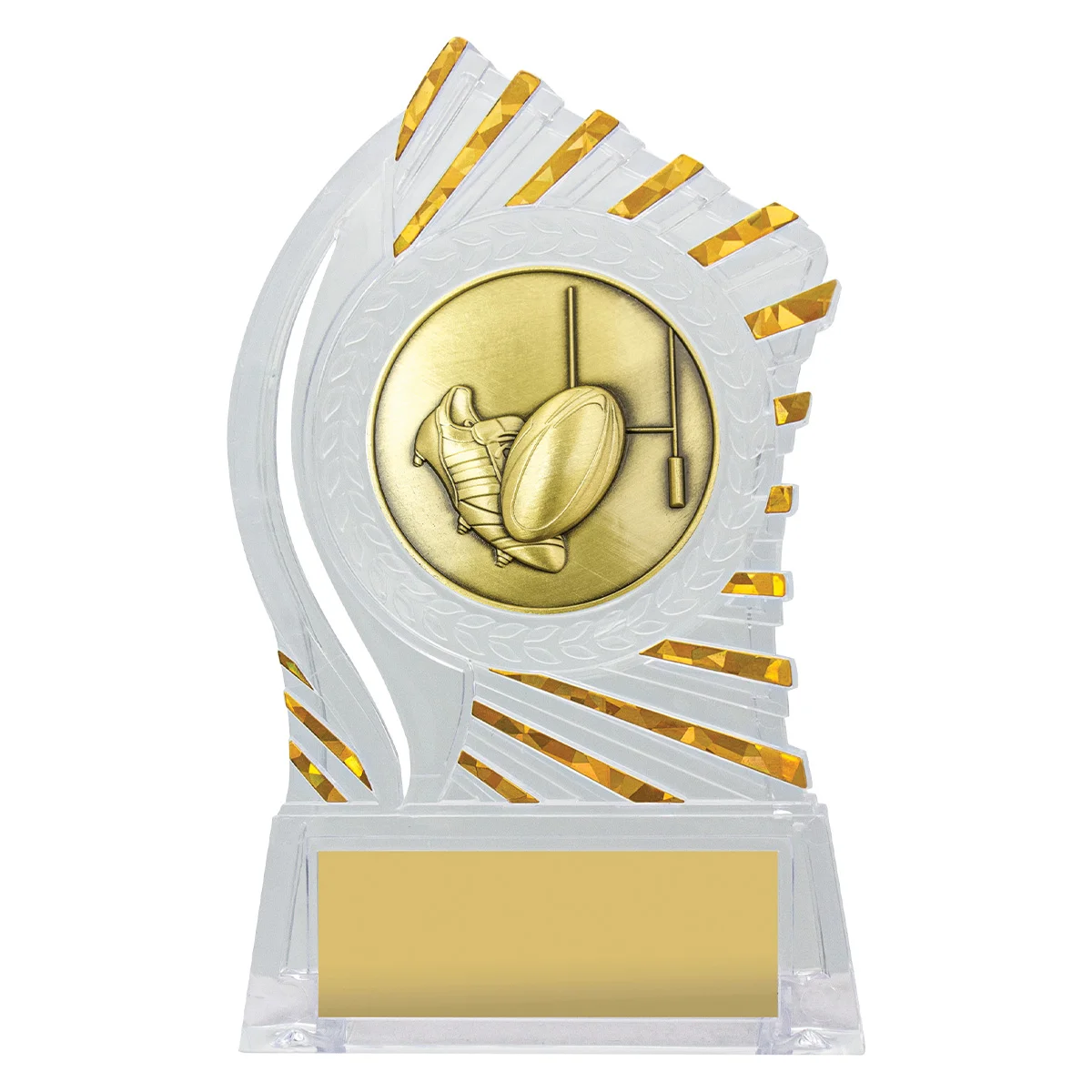 rh313-clear-with-gold Clear with gold solar rugby league / union with acrylic construction