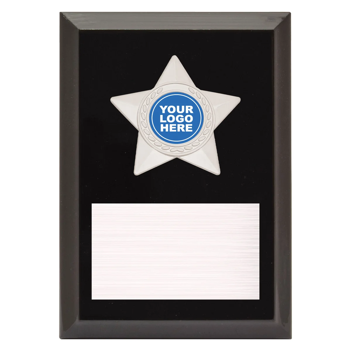 pl08a-black Black star plaque - silver with timber construction