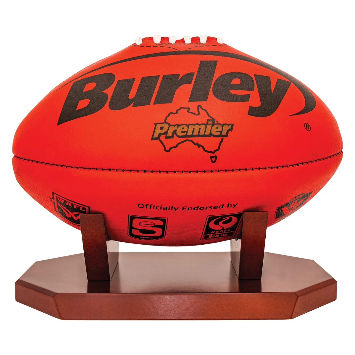 tbh260-footy-walnut Walnut timber ball holder - aussie rules with timber construction
