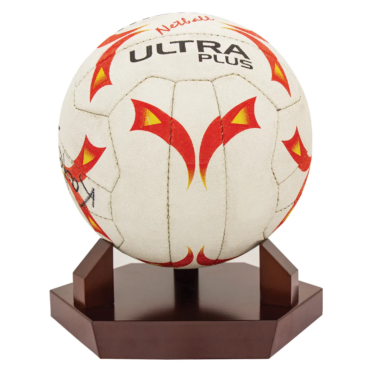 tbh175-netball-walnut Walnut timber ball holder - netball with timber construction