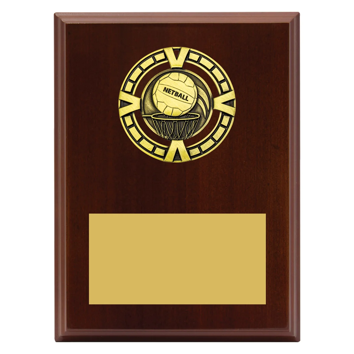 pv611-walnut Walnut varsity plaque - netball with timber / metal construction