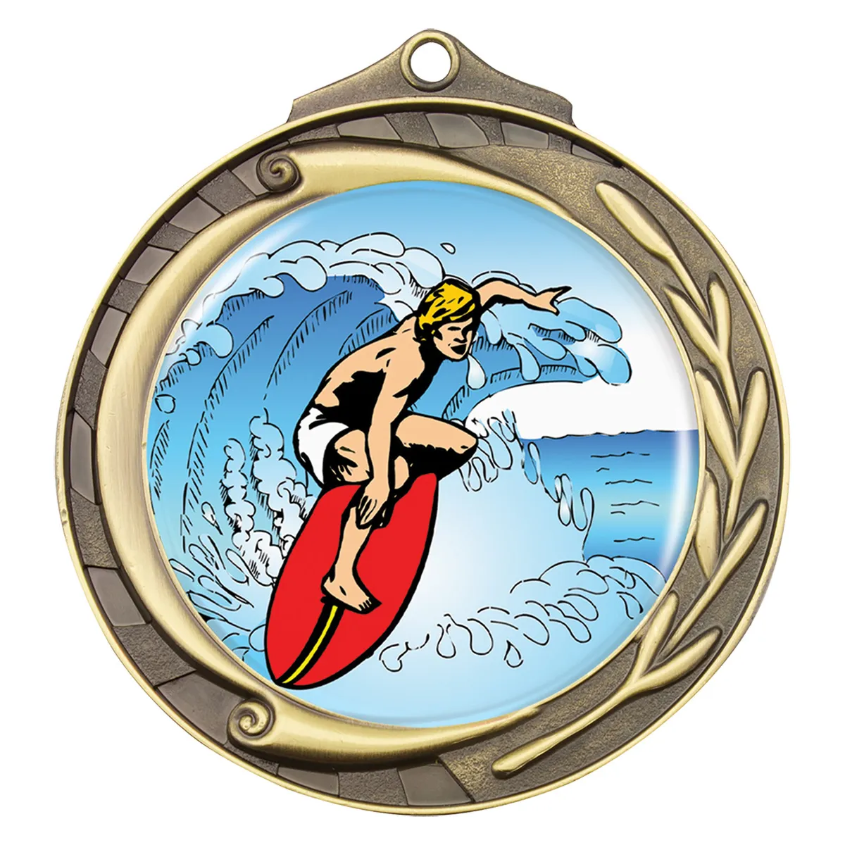 wmk163g-gold Gold wreath - surfing with metal construction