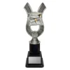 Academic Anchor medium Academic trophy featuring a silver lyre-shaped frame with a graduation cap, diploma scroll, and open book accented in gold, mounted on a black trophy base with an engraving plate.