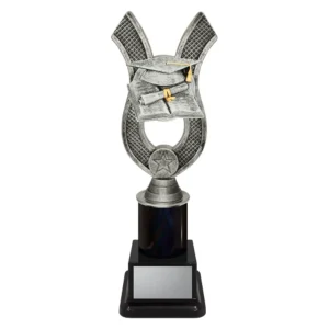 Academic trophy featuring a silver lyre-shaped frame with a graduation cap, diploma scroll, and open book accented in gold, mounted on a black trophy base with an engraving plate.