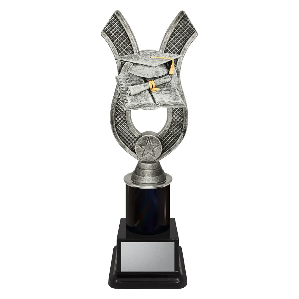 Academic Anchor medium Academic trophy featuring a silver lyre-shaped frame with a graduation cap, diploma scroll, and open book accented in gold, mounted on a black trophy base with an engraving plate.