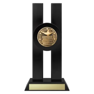 Academic trophy with lamp of knowledge and books emblem on a black base.