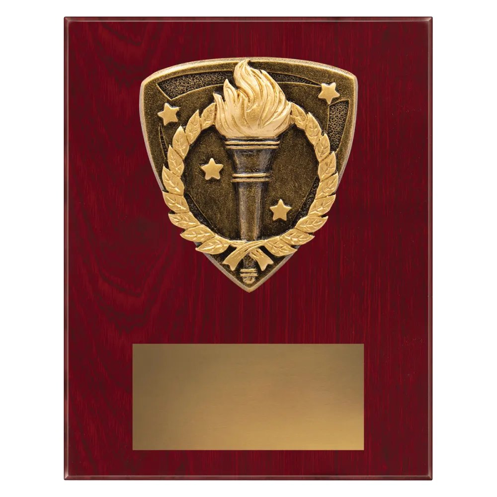 Achievement Nova Plaque small achievement plaque with torch and wreath emblem on a wooden plaque.