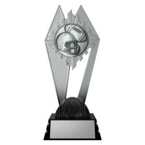 black and silver trophy with helmet and gridiron football