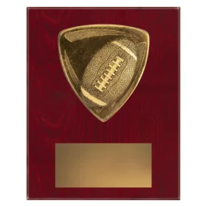 American football plaque with football emblem on a wooden plaque.